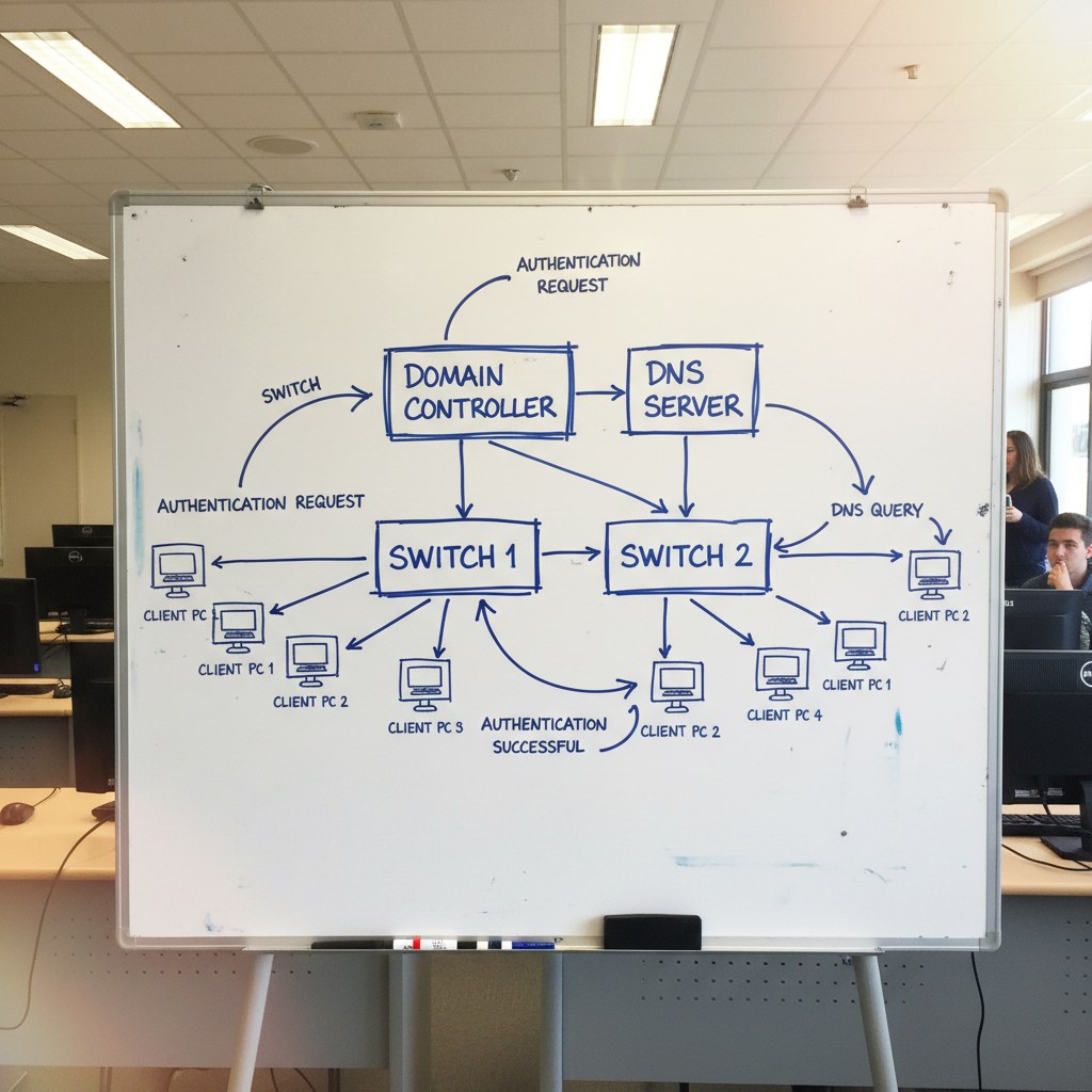 Schéma d'architecture réseau Active Directory : le contrôleur de domaine centralise l'authentification de tous les poste