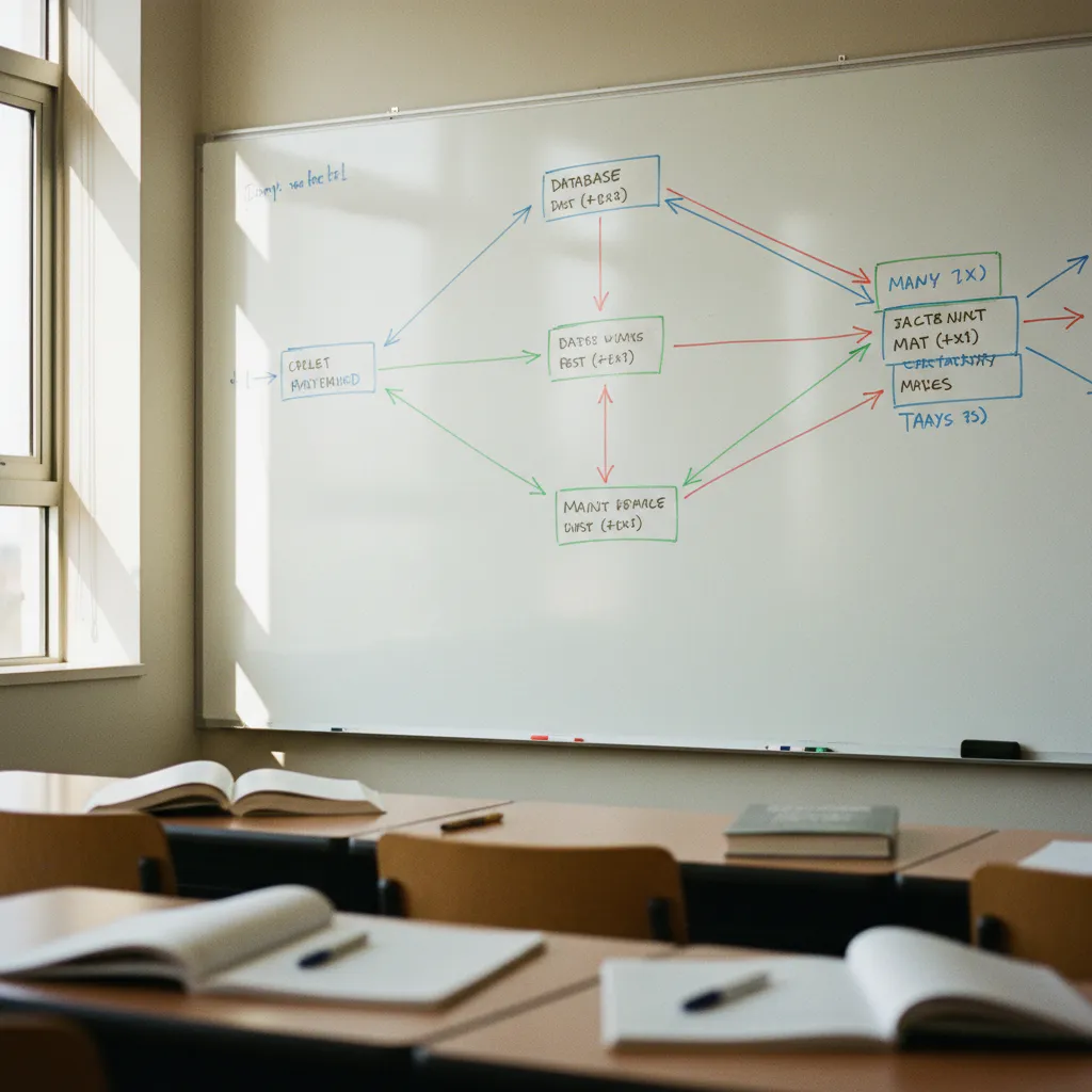 Tableau blanc de salle de cours avec des diagrammes de relations entre tables de bases de données