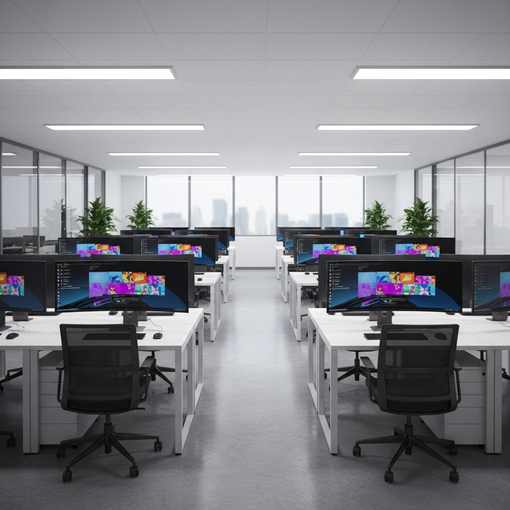Salle de formation informatique équipée pour des exercices de cybersécurité