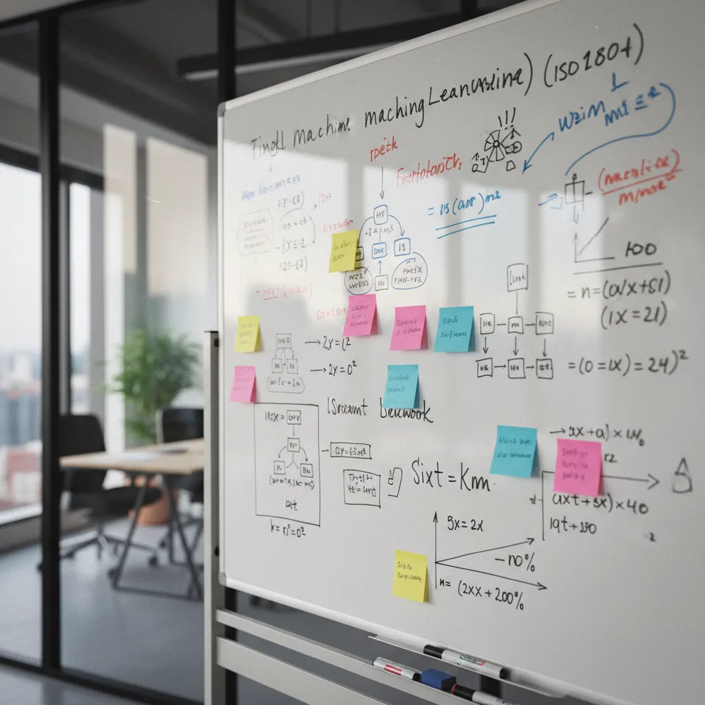 Tableau blanc couvert de diagrammes machine learning lors d'une session de travail en équipe data