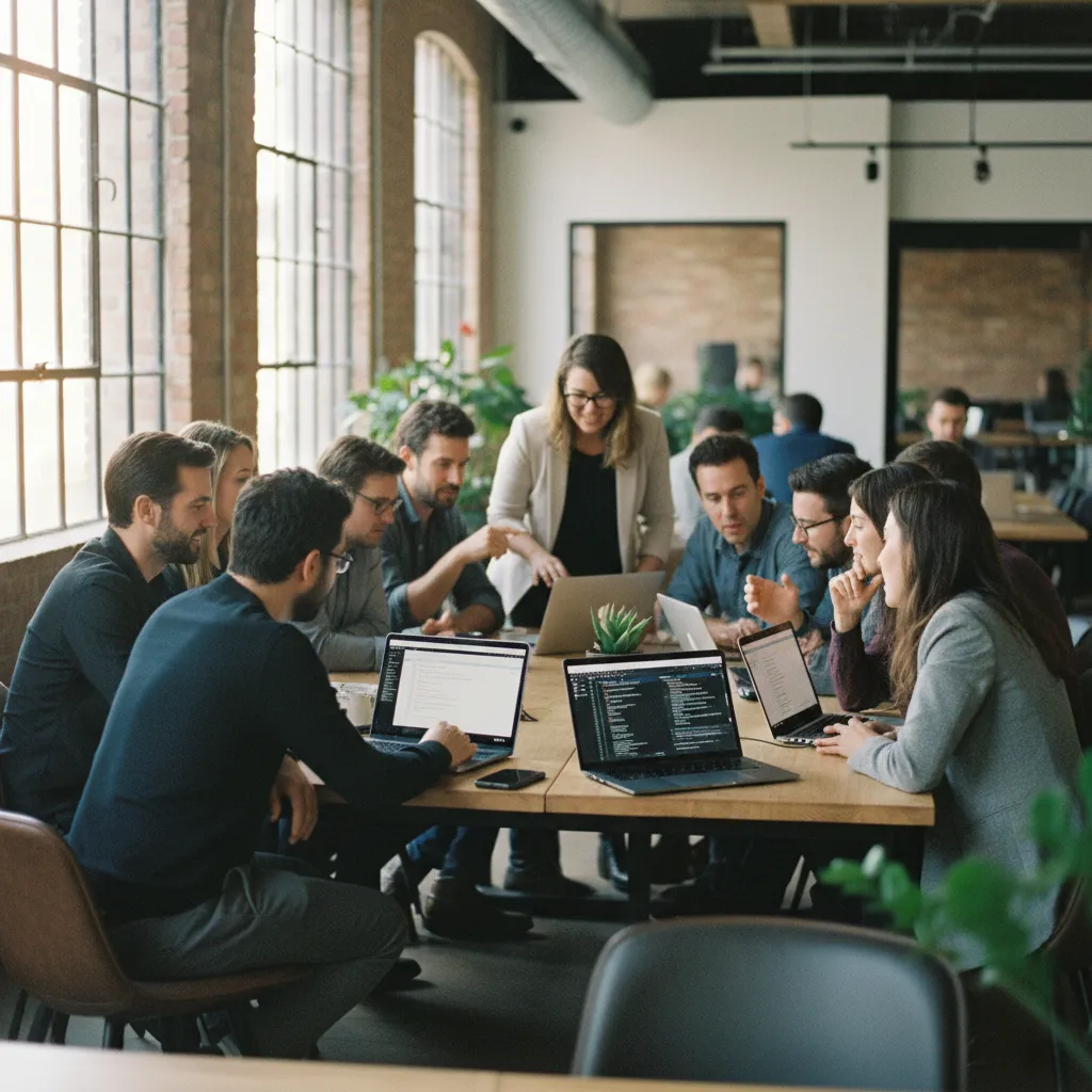 Professionnels en reconversion lors d'un meetup data science dans un espace de coworking