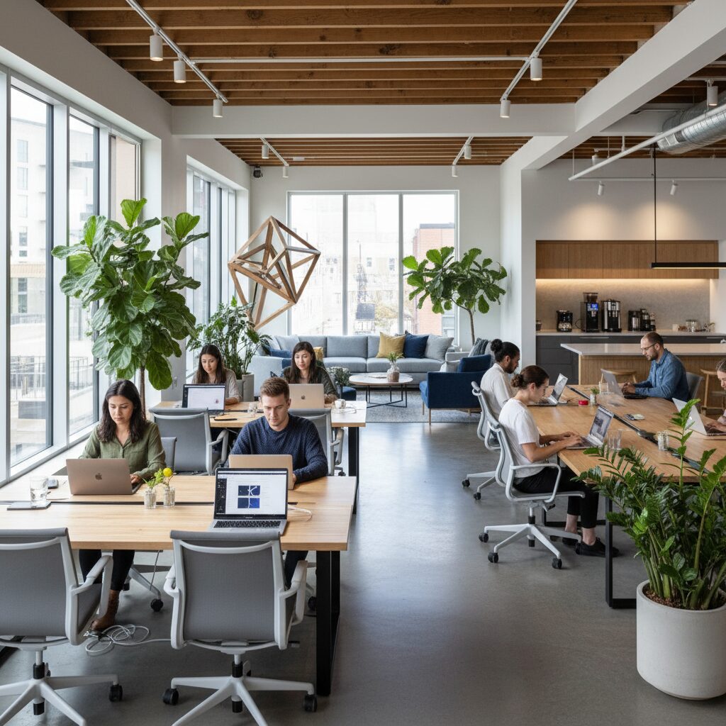Espace de coworking technologique avec développeurs collaborant