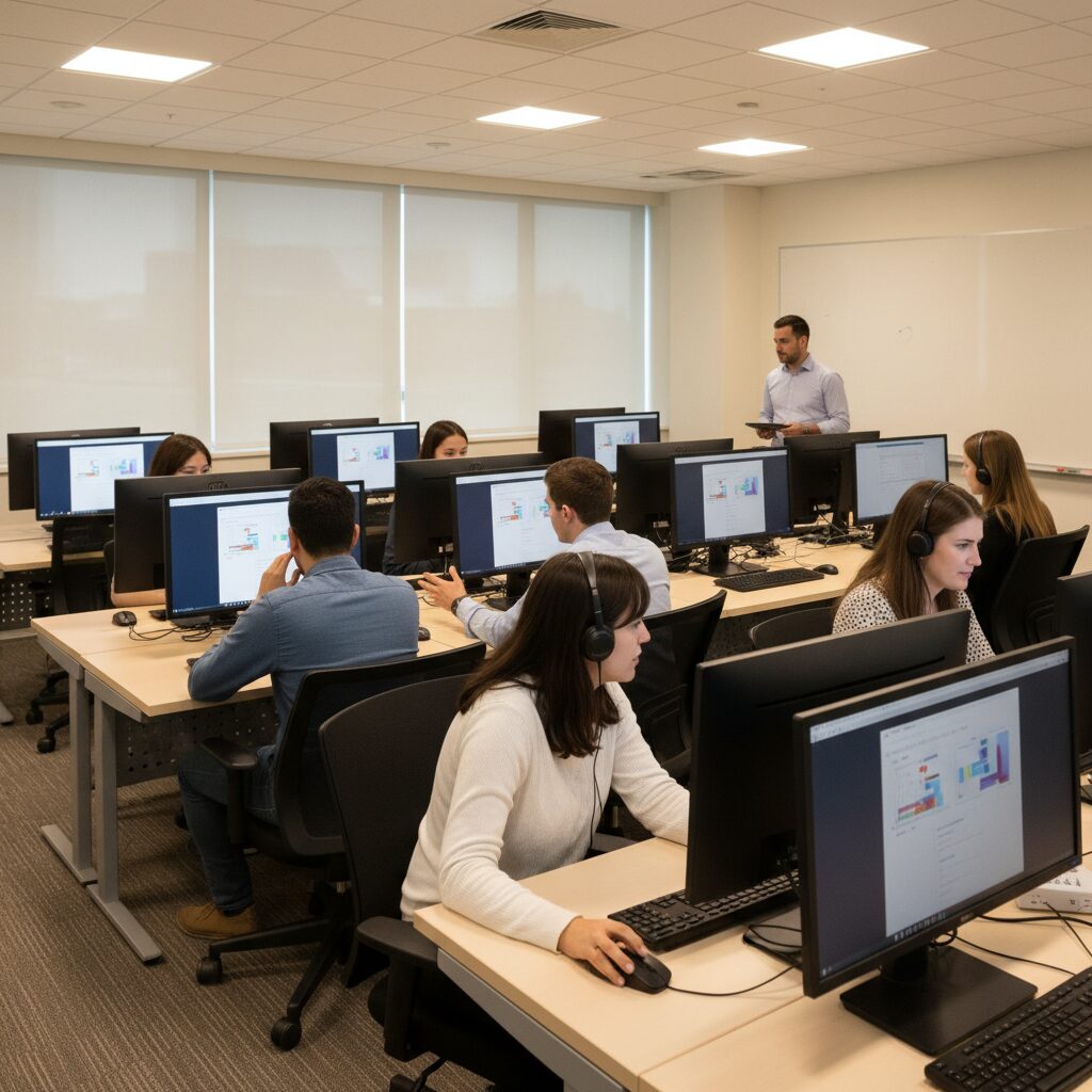 Étudiants en formation informatique travaillant sur des projets de groupe