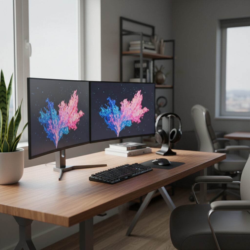 Espace de travail moderne avec double écran pour le développement logiciel