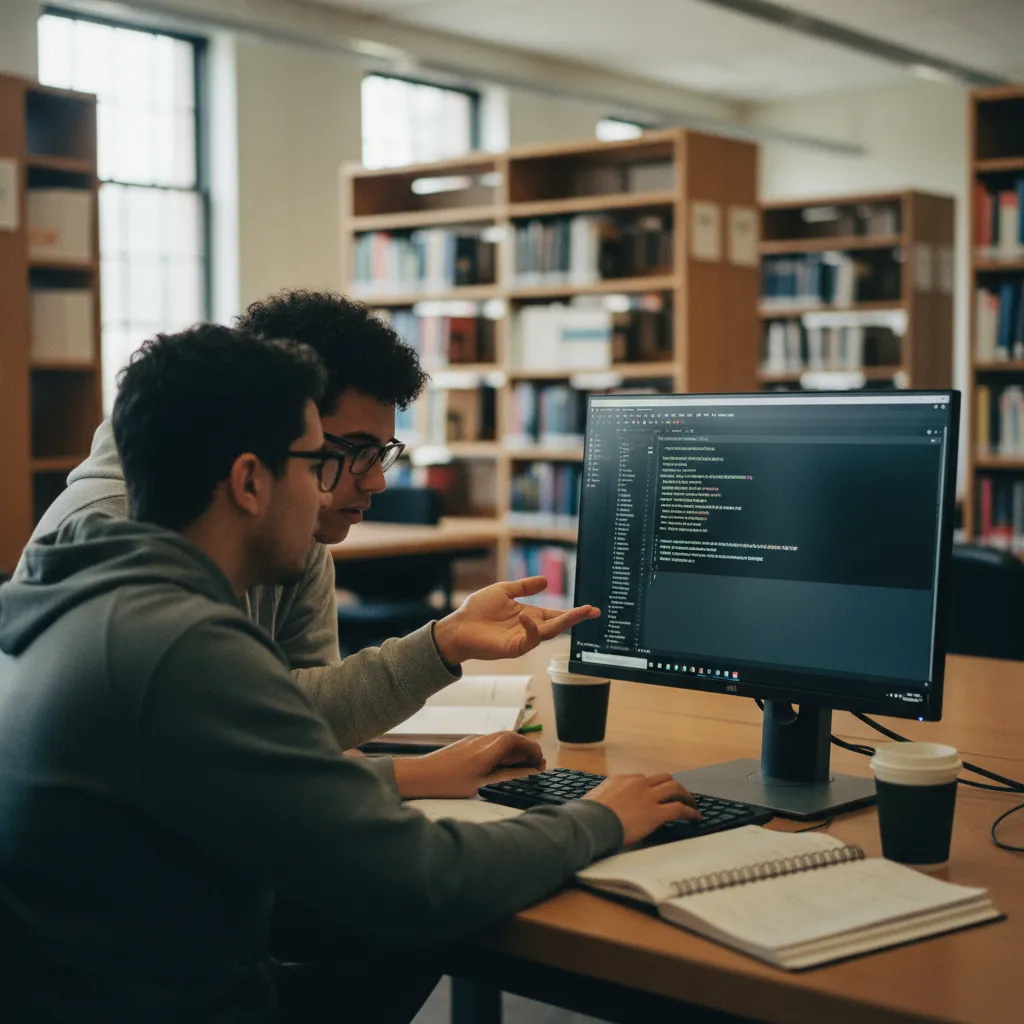 Deux étudiants collaborant sur un projet de développement sous Linux