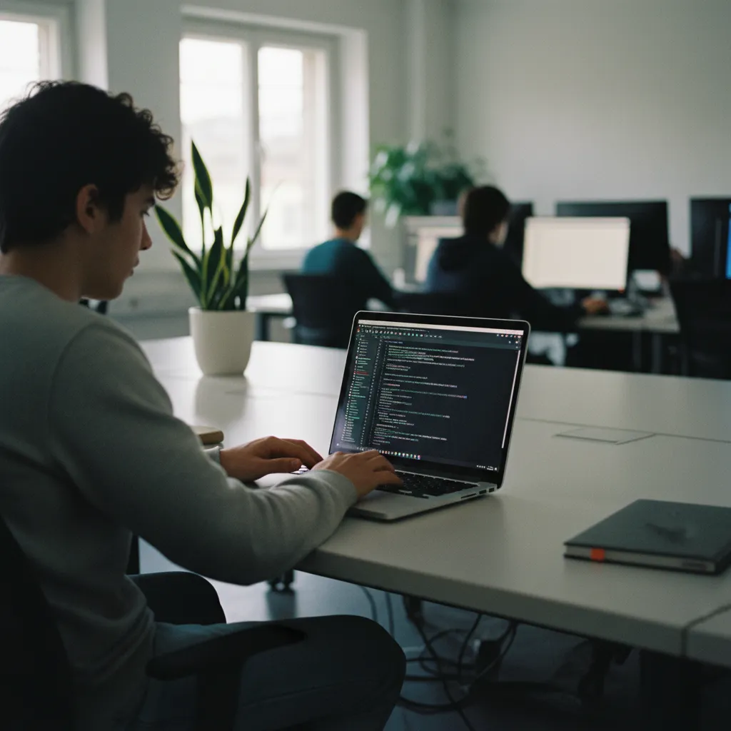 Un étudiant en informatique travaillant avec VS Code dans une salle de cours moderne