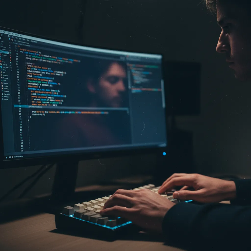 Un développeur utilisant un éditeur terminal avec coloration syntaxique sur un écran ultrawide