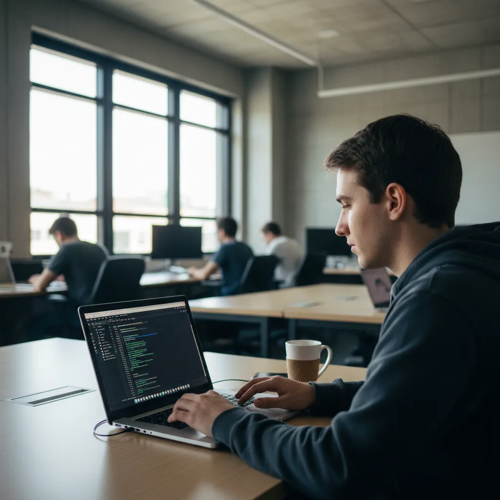 Un étudiant BTS SIO configure un serveur web lors d'un travaux pratiques en salle informatique