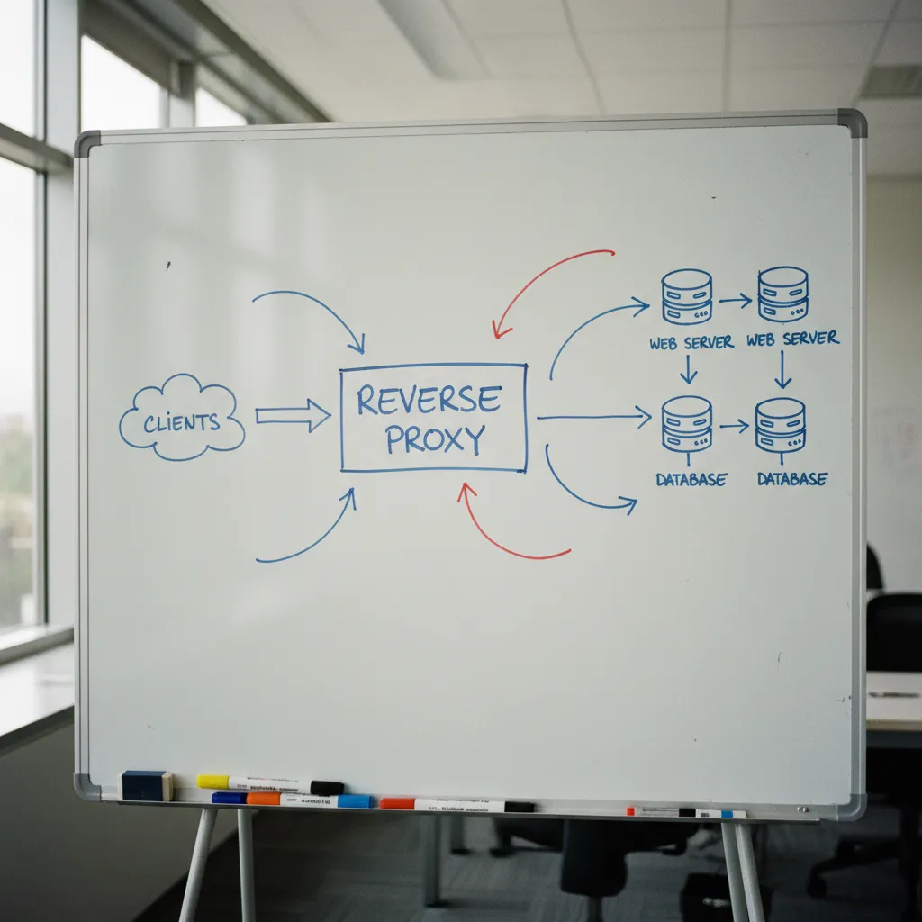 Schéma d'architecture reverse proxy Nginx et Apache dessiné sur un tableau blanc