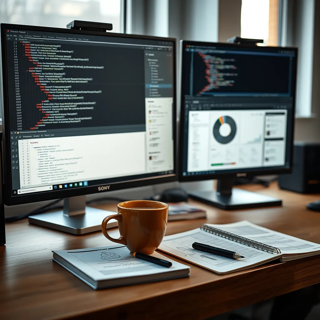 Poste de développeur avec maquettes et code d'une application web personnalisée
