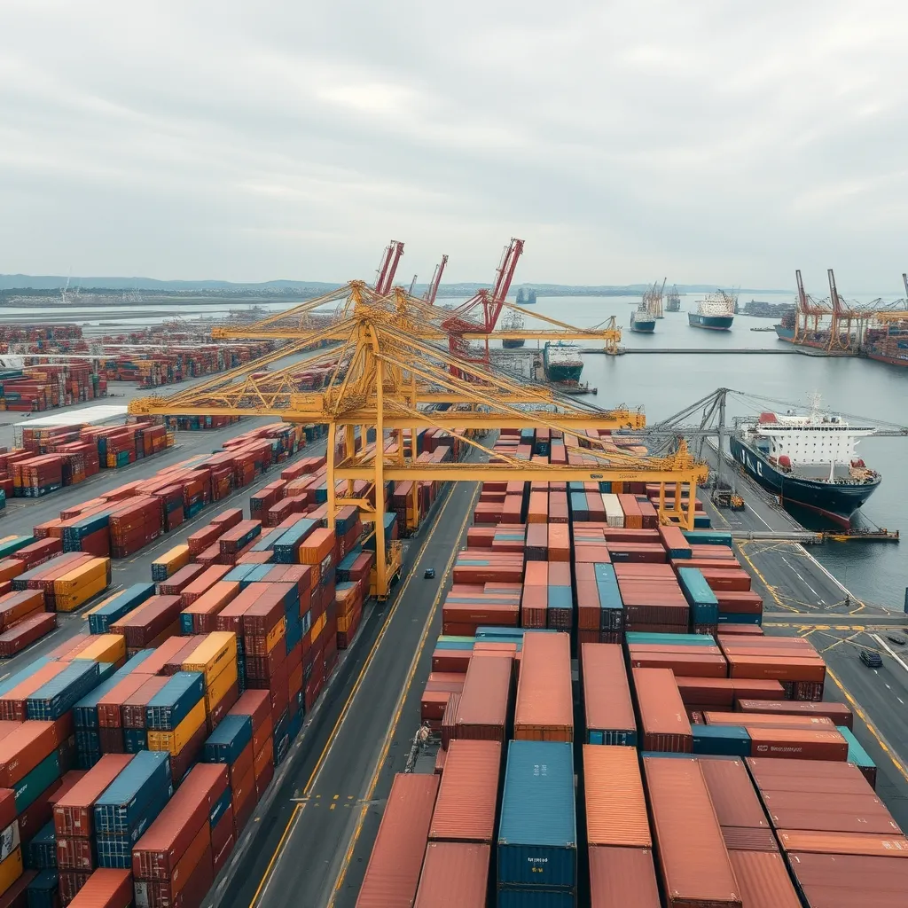 Vue aérienne d'un terminal à conteneurs du port du Havre avec ses portiques et chariots cavaliers