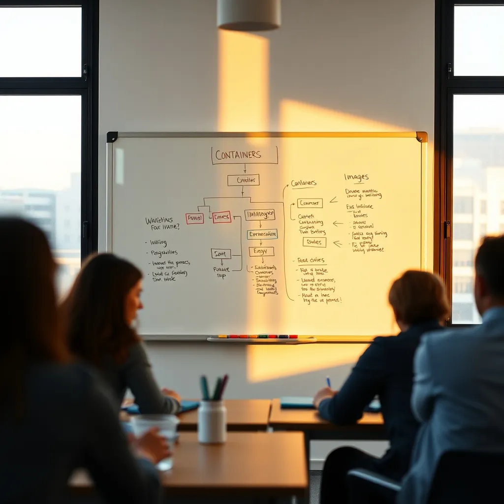 Schéma des concepts fondamentaux de Docker sur un tableau blanc