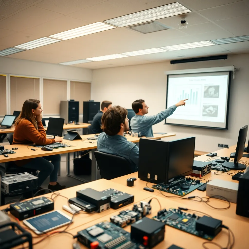 Une session de formation pratique en maintenance informatique avec manipulation de composants matériels