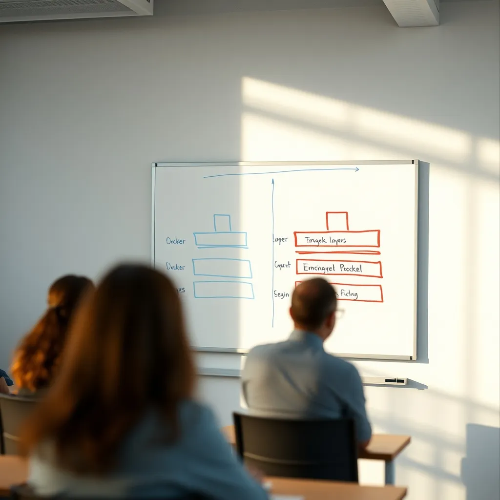 Schéma de couches Docker dessiné sur un tableau blanc en salle de cours