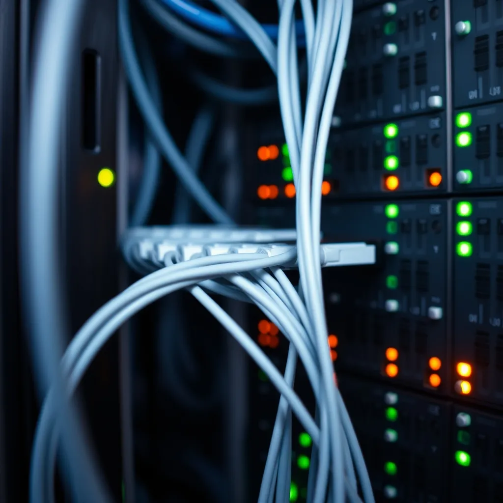 Câbles réseau et connexions fibre optique sur un switch de datacenter