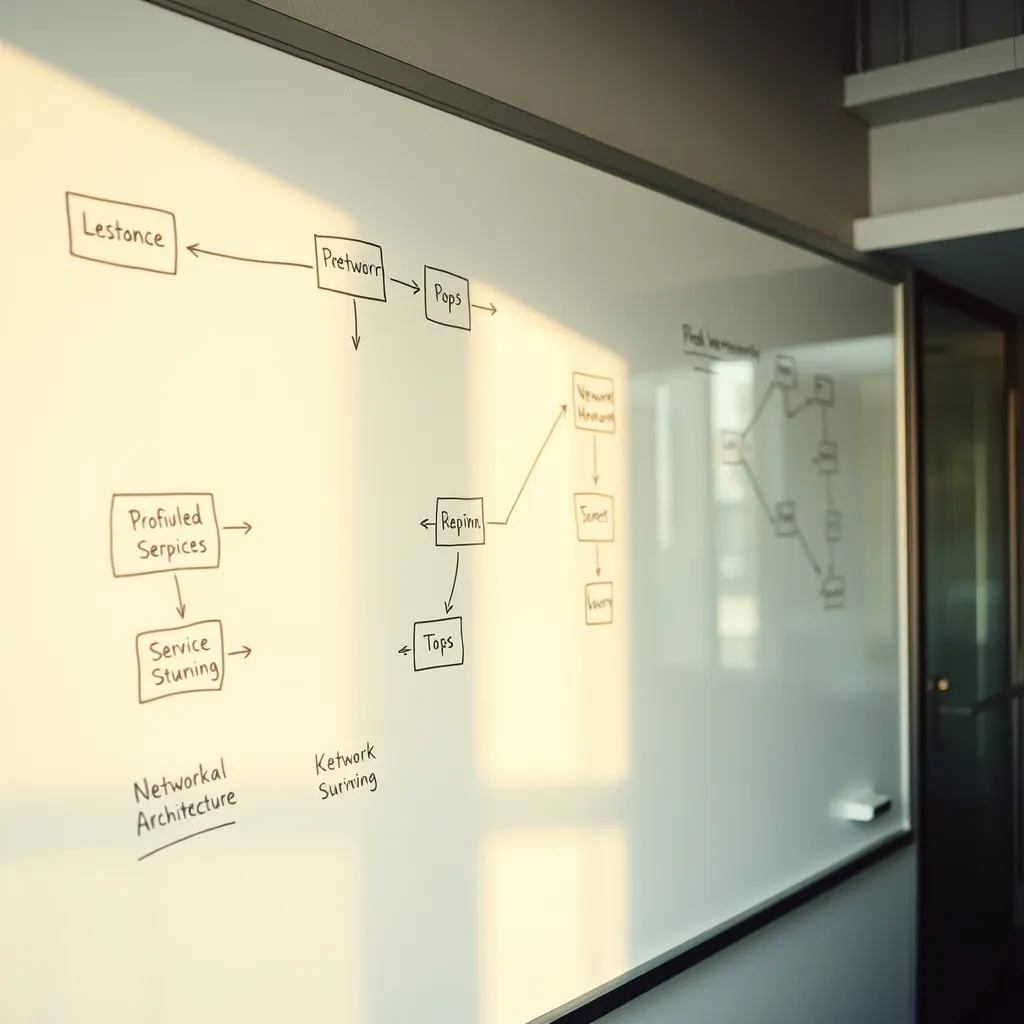 Schéma d'architecture réseau Kubernetes dessiné sur un tableau blanc en salle de réunion