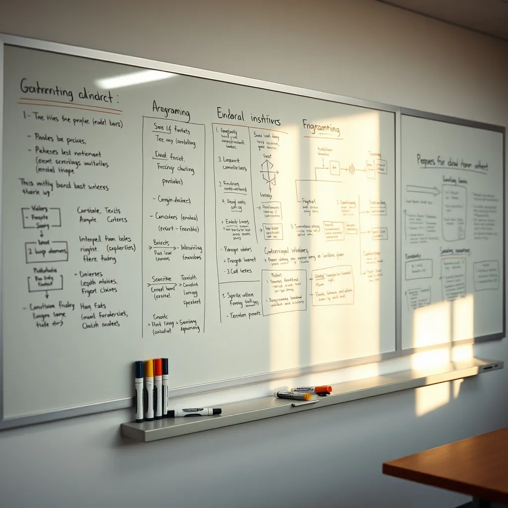 Un tableau blanc avec des diagrammes d'algorithmes utilisés en cours de programmation