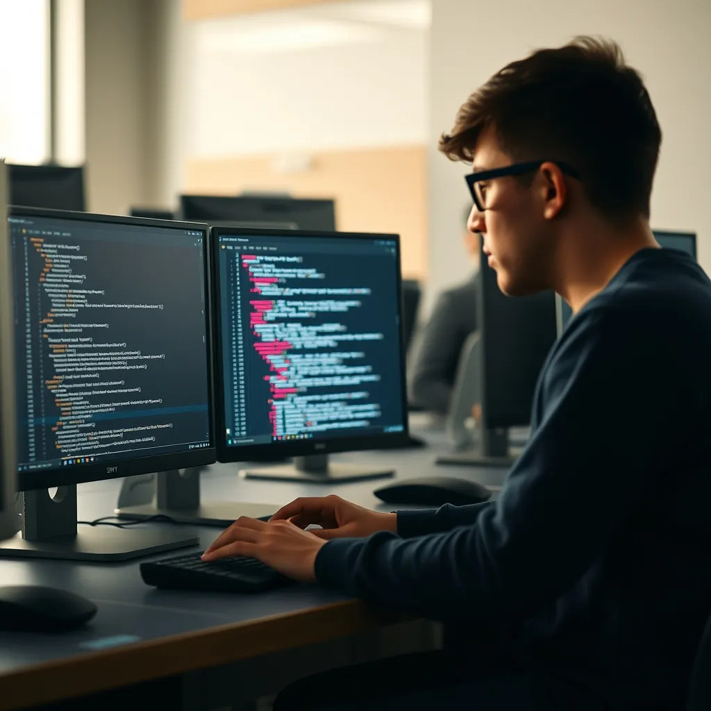 Deux étudiants collaborent sur un projet de développement web dans un laboratoire informatique