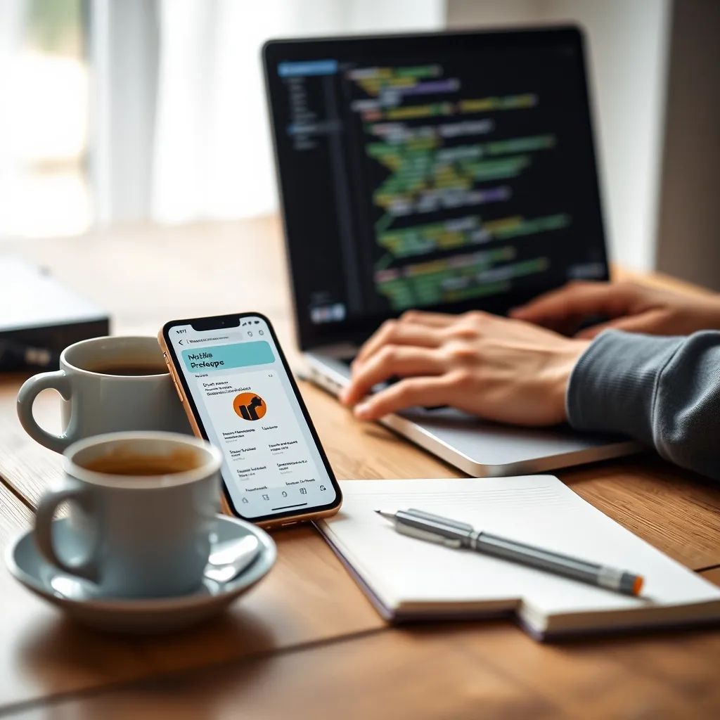 Un développeur mobile travaille sur le code d'une application avec un prototype visible sur smartphone