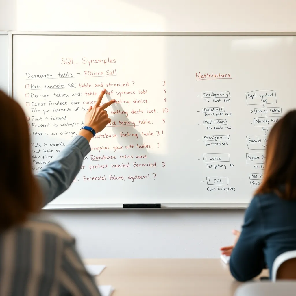 Schéma de syntaxe SQL expliqué sur un tableau blanc en formation