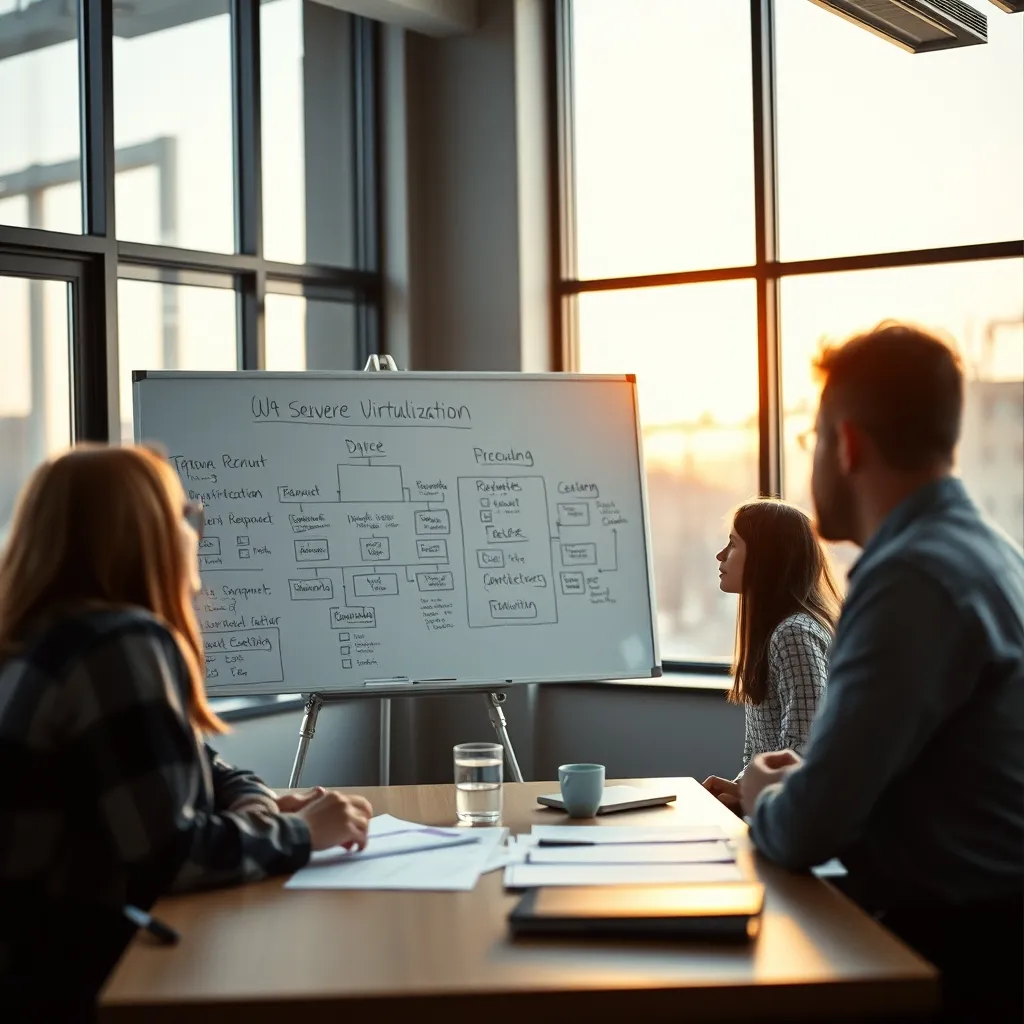 Équipe IT planifiant un projet de virtualisation de serveurs