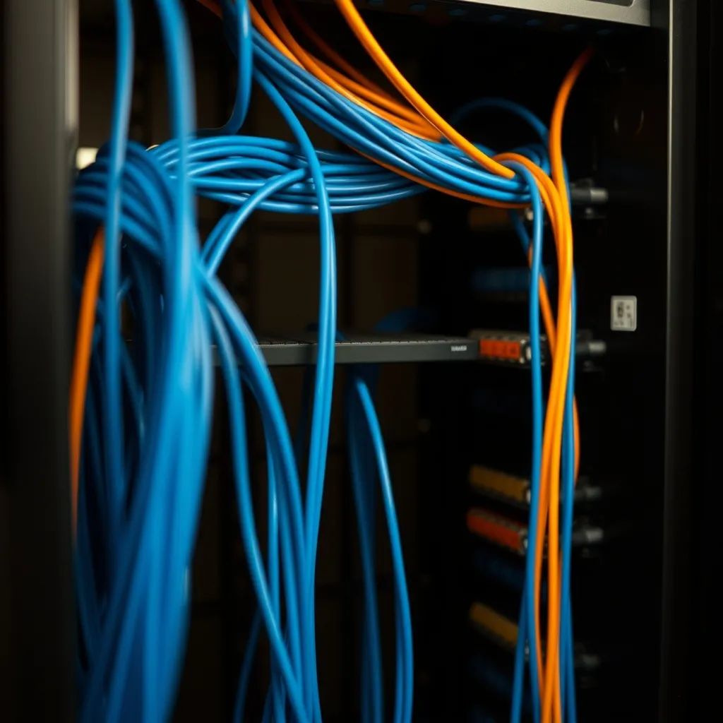 Câblage réseau redondant en fibre optique à l'arrière d'un rack de virtualisation