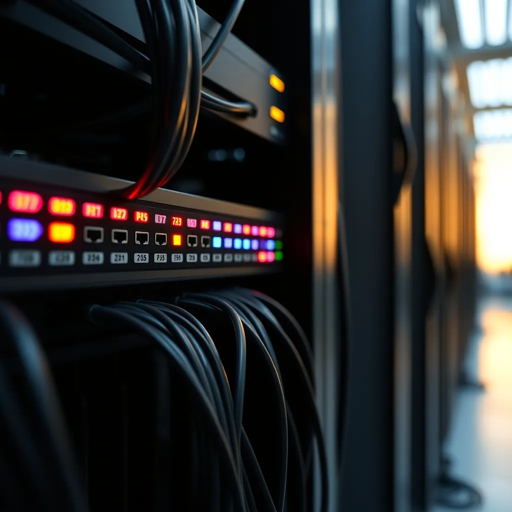 Panneau de brassage réseau connecté à l'infrastructure serveur de l'entreprise