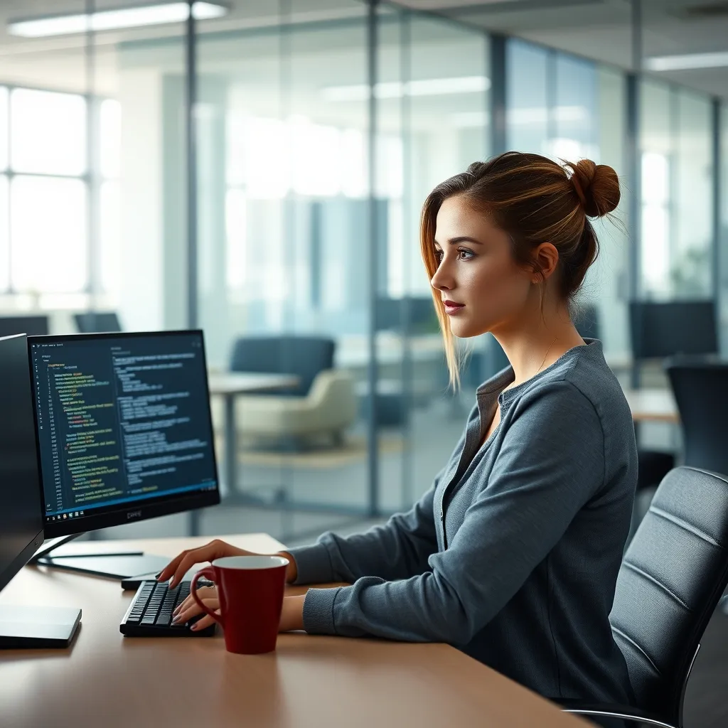Une alternante en développement informatique dans les locaux de son entreprise