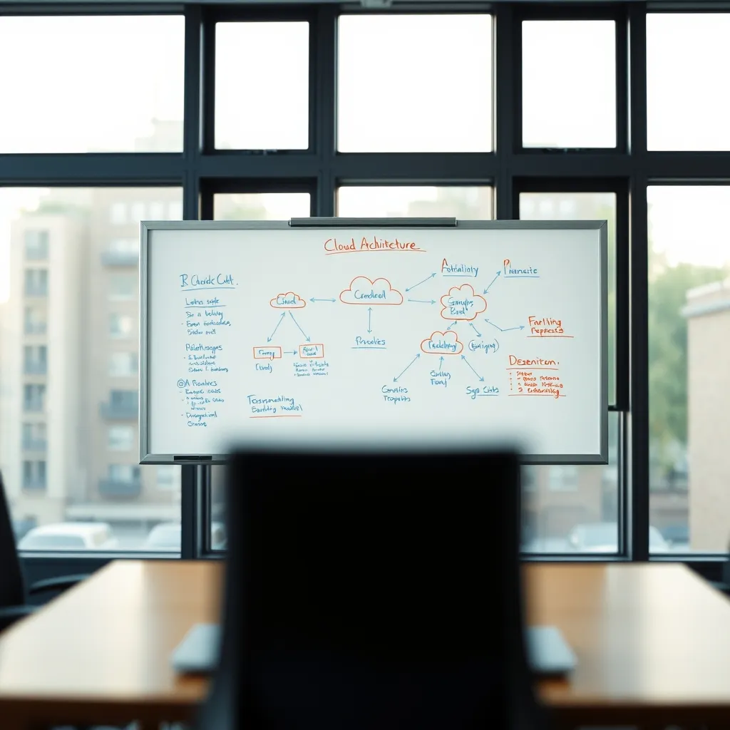 Un schéma d'architecture cloud dessiné sur tableau blanc lors d'une réunion technique