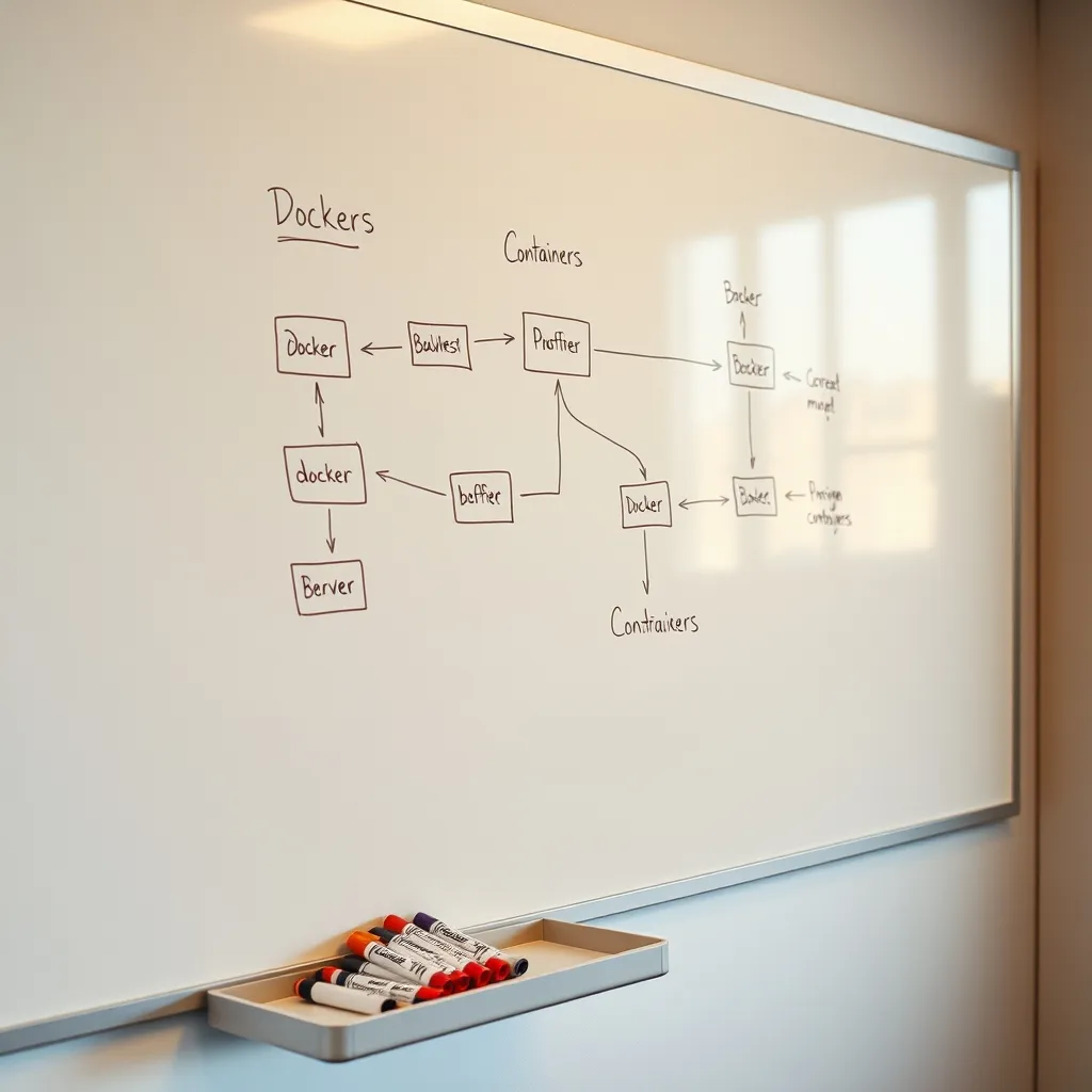 Schéma d'architecture multi-conteneurs dessiné sur un tableau blanc en salle de formation