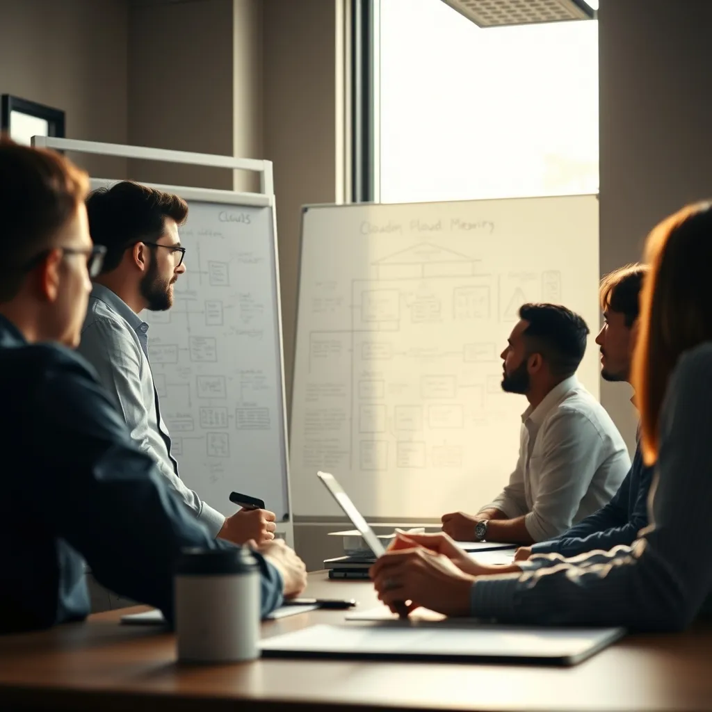 Équipe technique planifiant l'architecture d'une infrastructure cloud