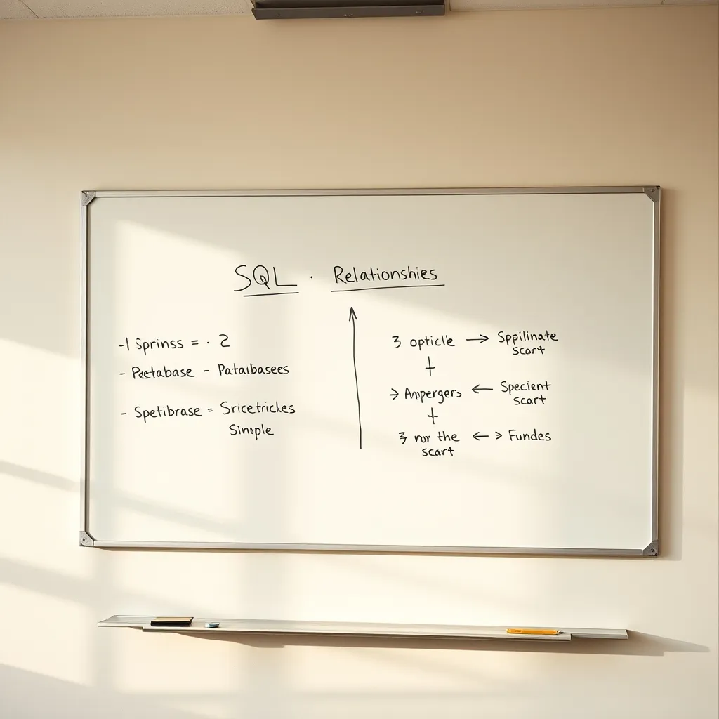 Schéma de relations entre tables SQL sur un tableau blanc de salle de cours